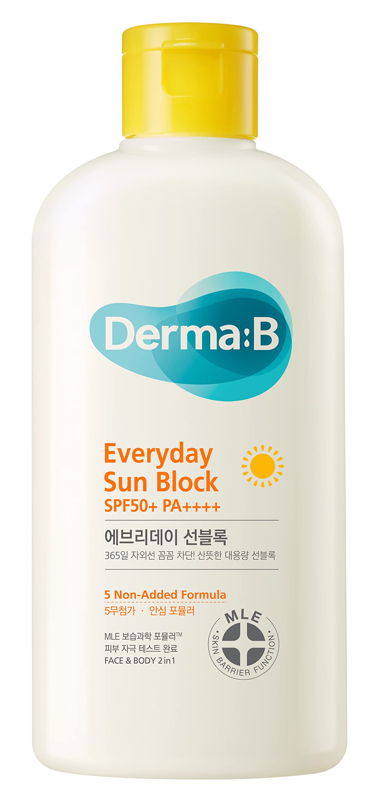 Derma B front packaging 200ml shows large bottle and clear SPF benefit