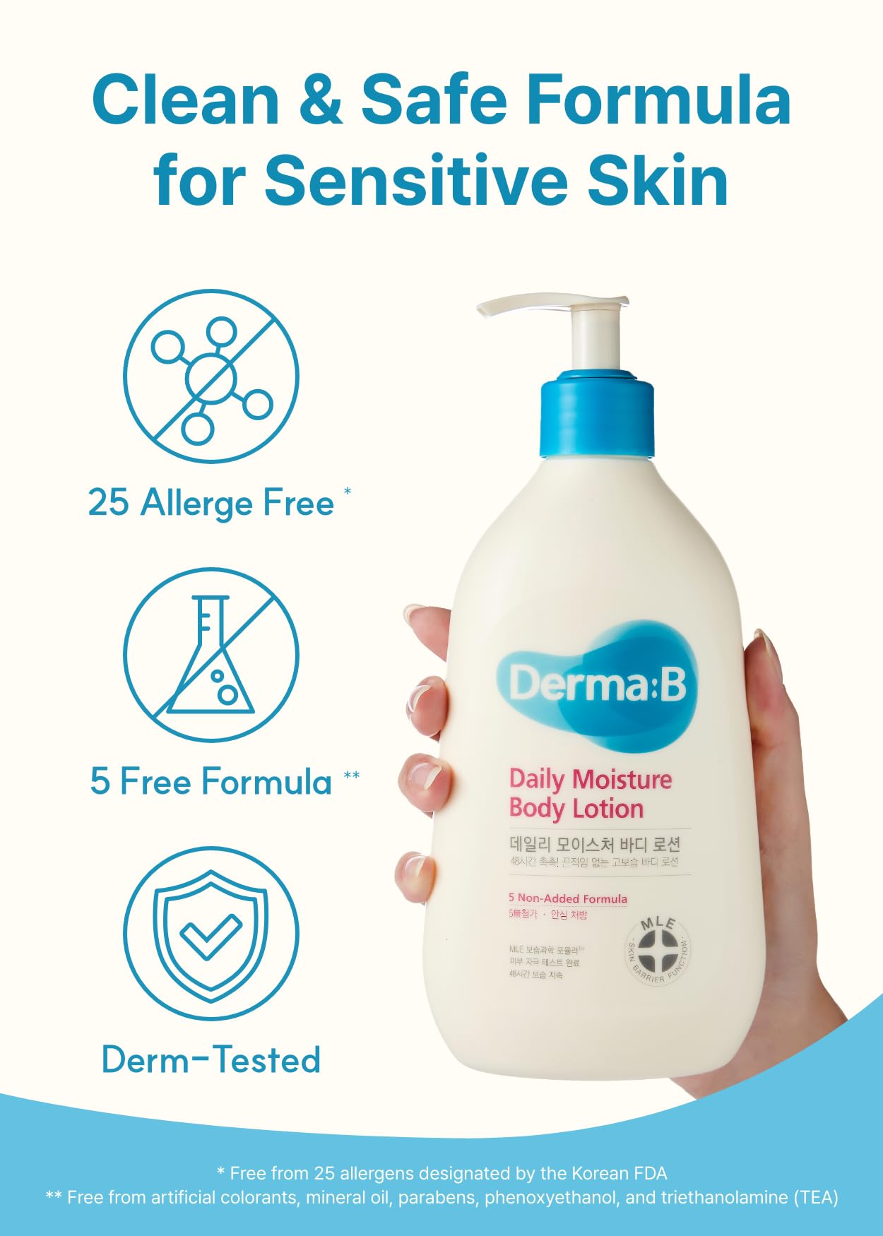 Derma B size comparison in hand demonstrating 13.5 fl oz travel-friendly volume