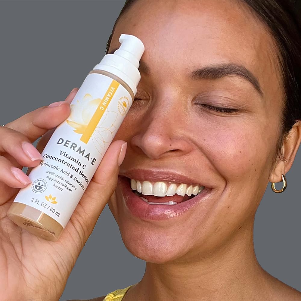 Derma E 2 oz bottle next to scale shows true size and travel-friendly benefit