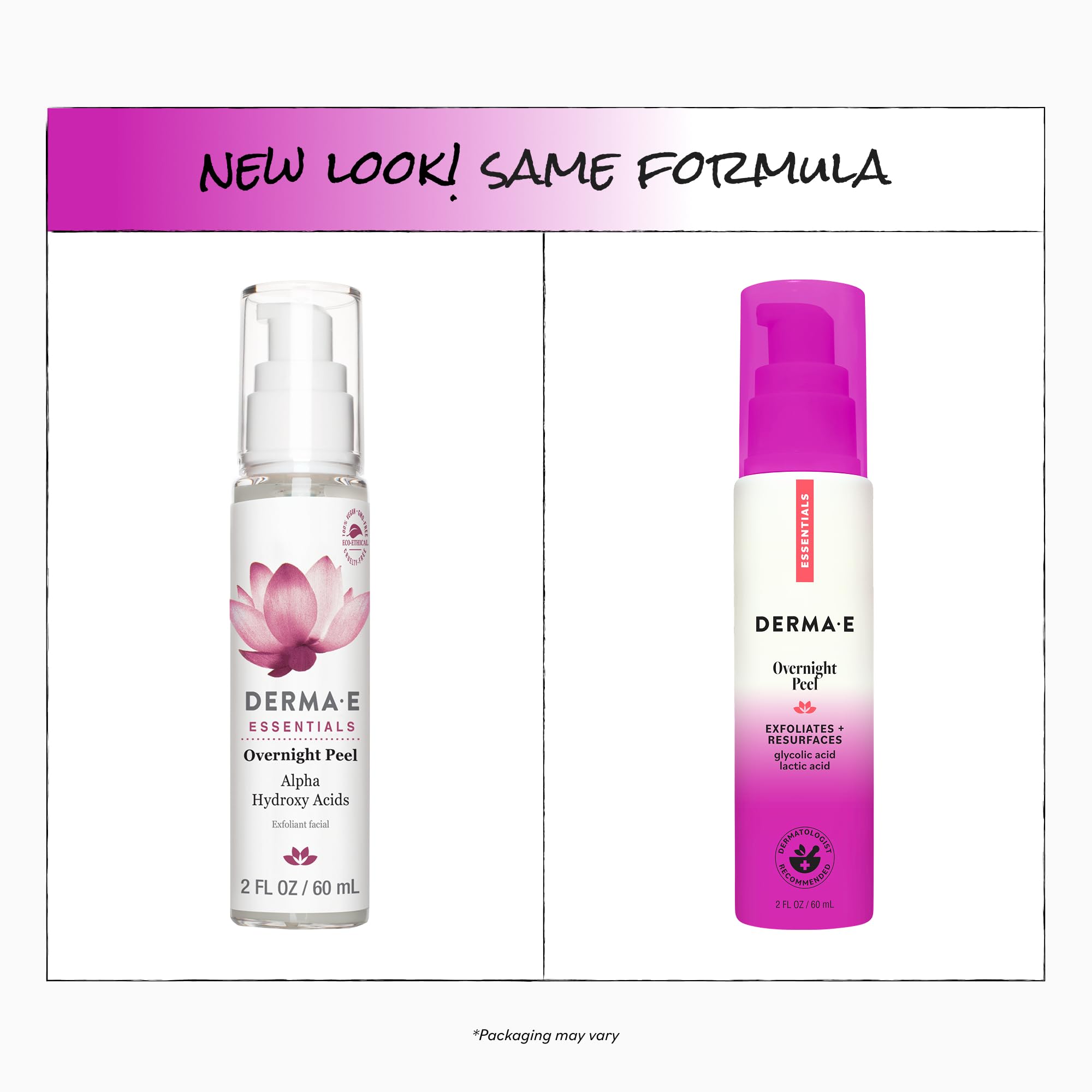 Derma E bottle beside hand showing 2 fl oz travel-friendly size