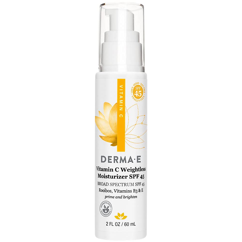 Derma E tube beside ruler showing 2 fl oz size and travel-friendly benefit