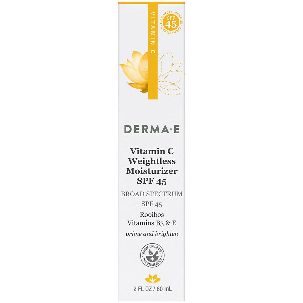 Derma E front packaging showing weightless brightening moisturizer and SPF benefit