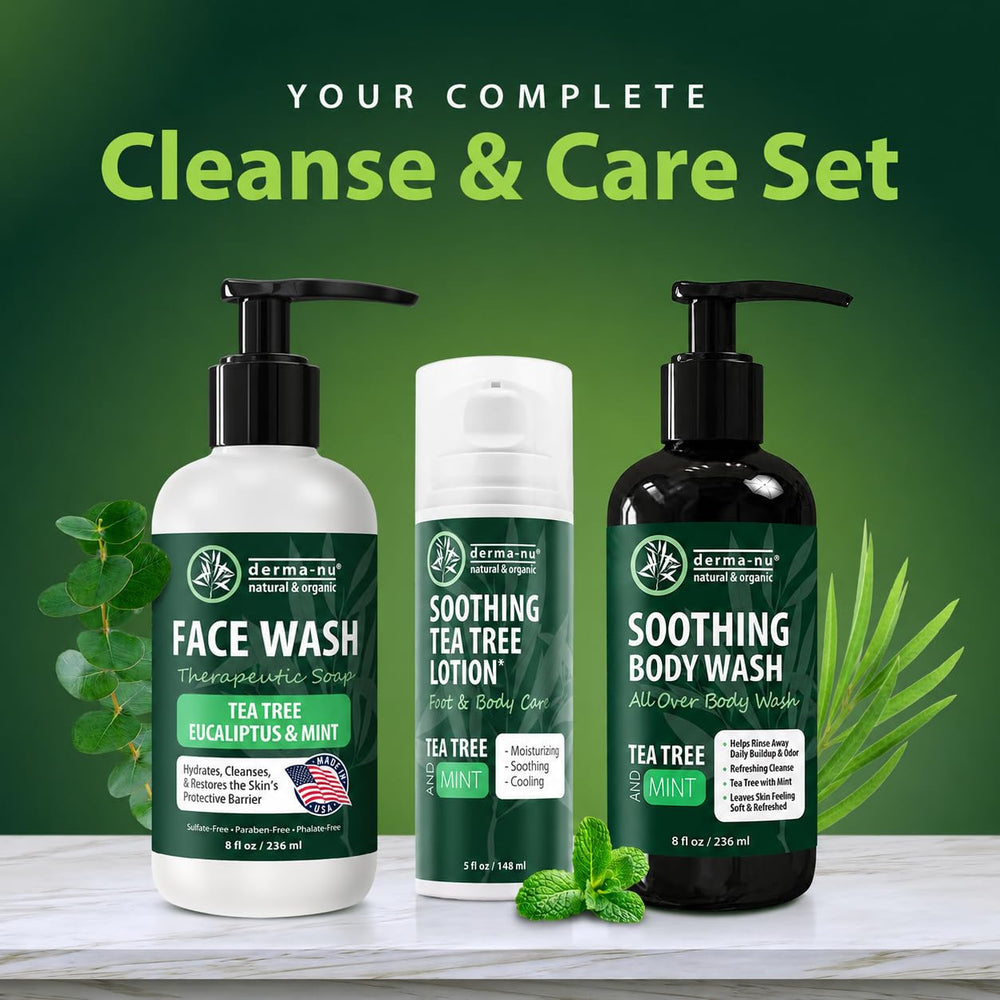 Derma-Nu ingredients display tea tree eucalyptus and mint freshness