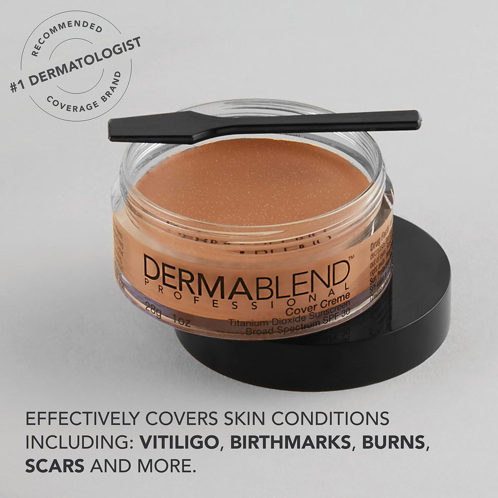 Dermablend foundation next to coin showing 1 oz size and travel-friendly benefit
