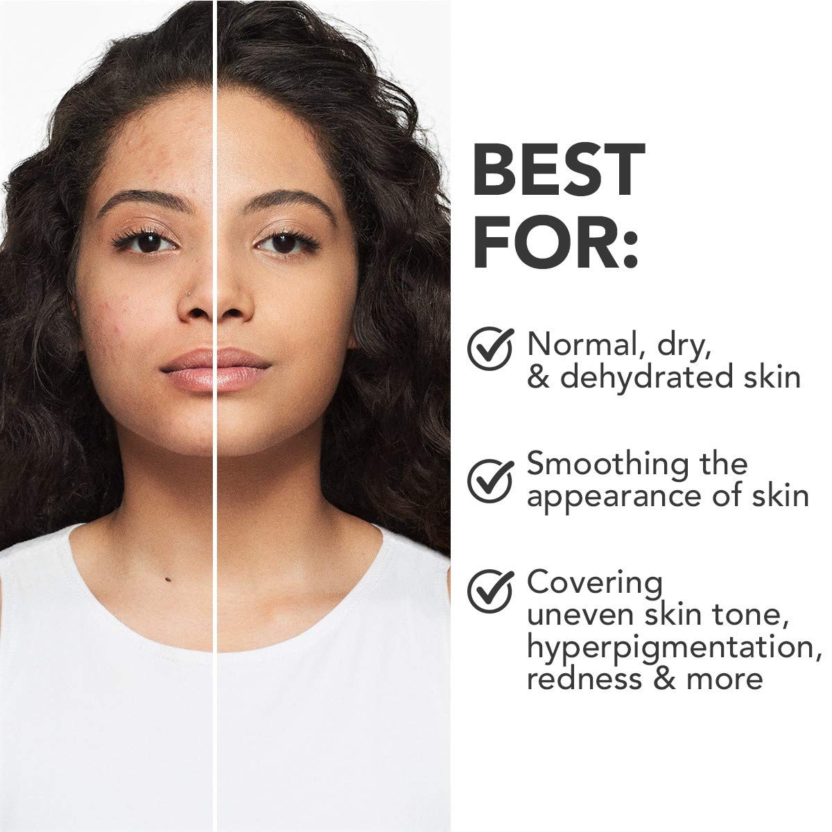Dermablend split-face before and after showing coverage and skin-evening benefit