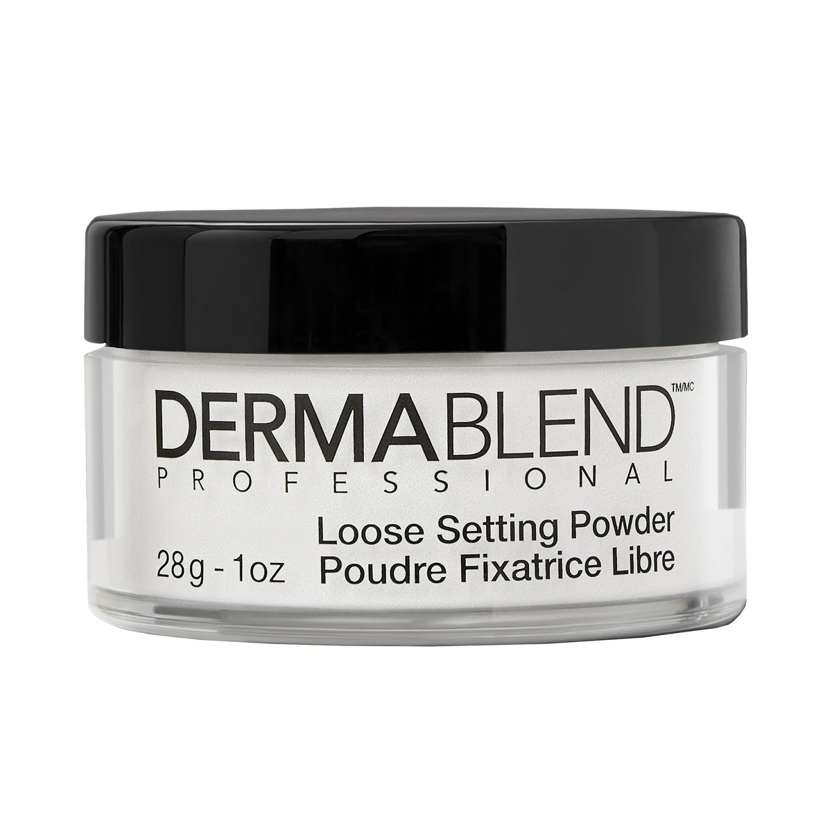 Dermablend front jar shows translucent powder and clear finish for longwear