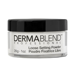 Dermablend front jar shows translucent powder and clear finish for longwear