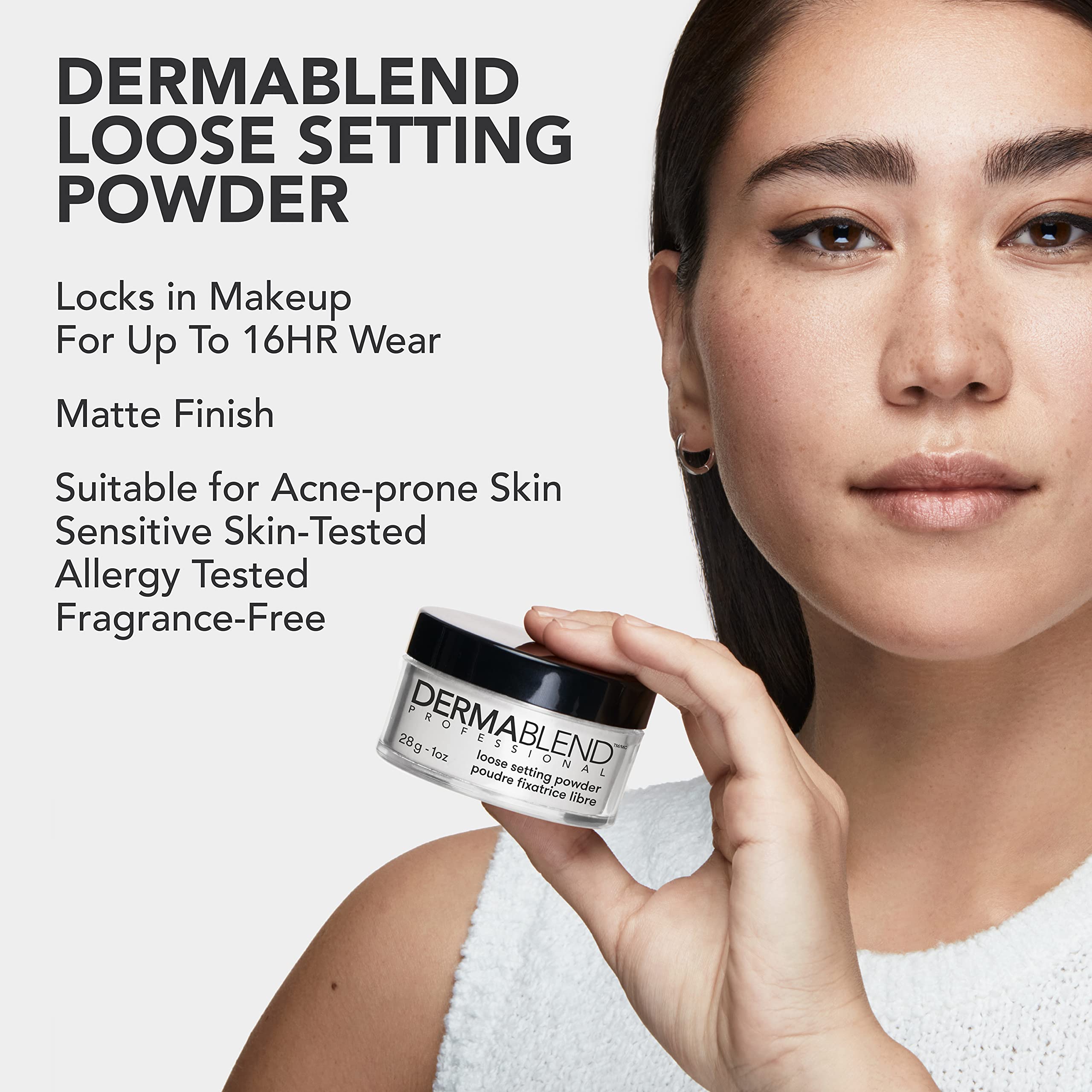Dermablend jar held in hand showing 1 oz scale for travel convenience