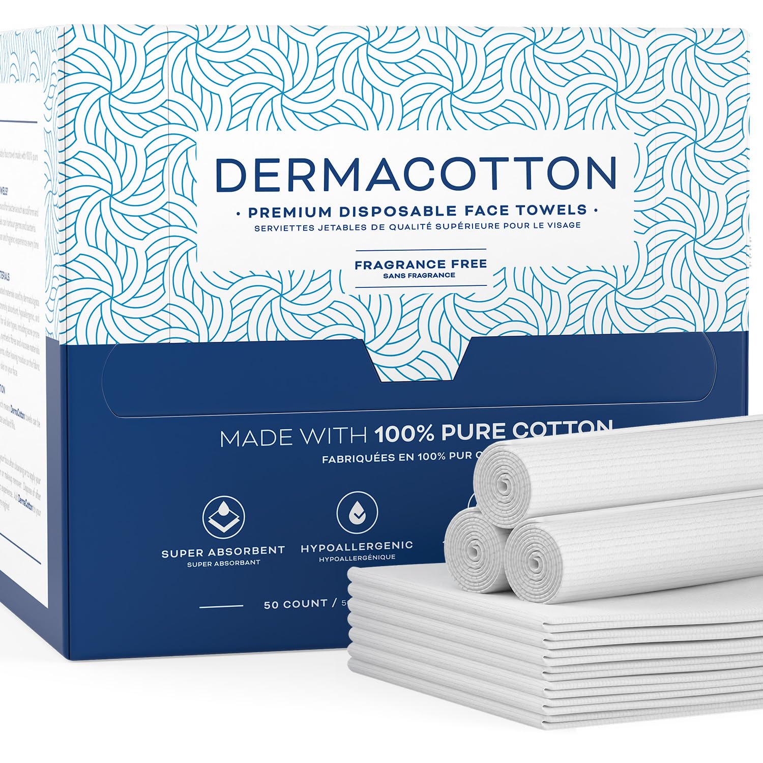 DERMACOTTON front packaging showing 50-count pack and benefits
