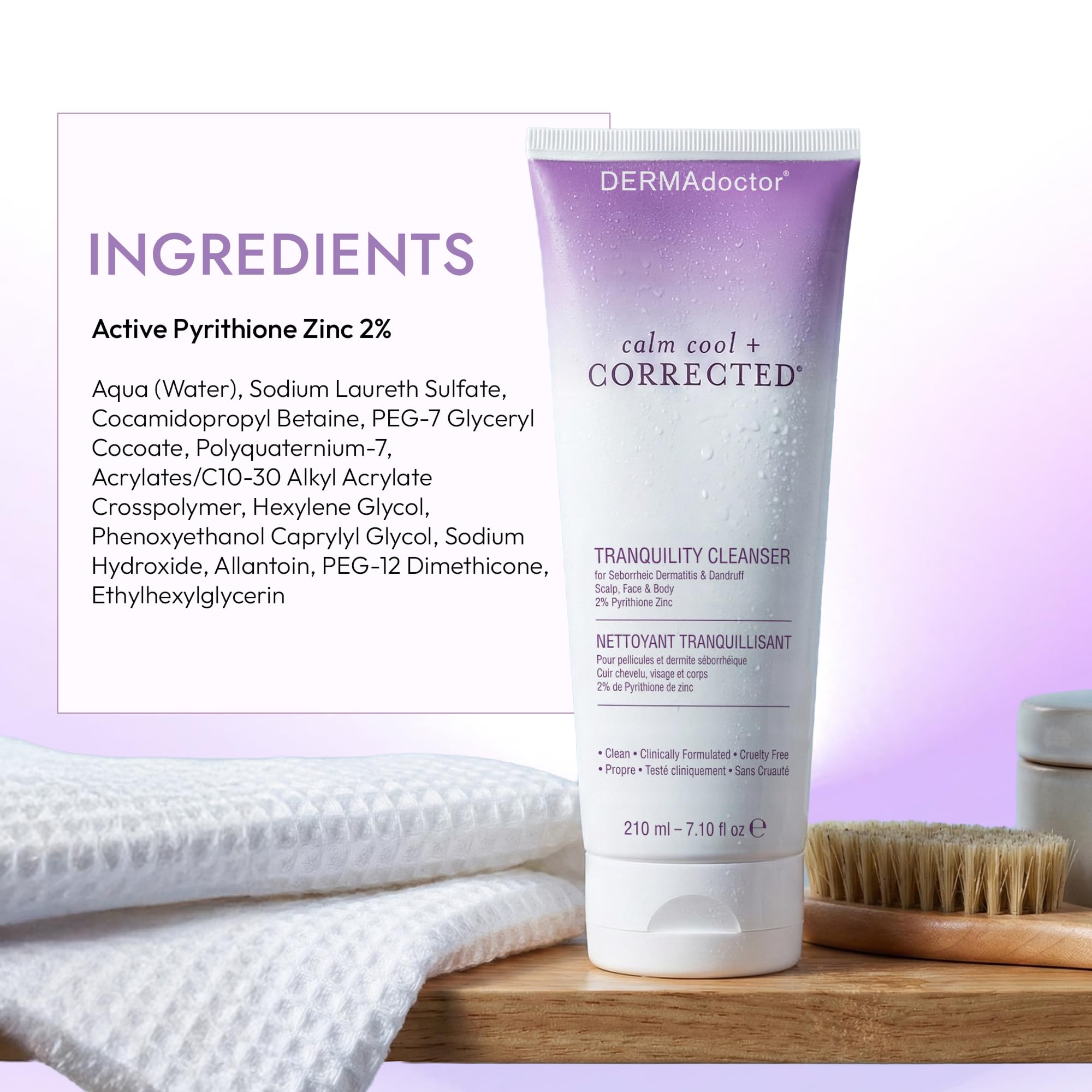 DERMAdoctor ingredients label close-up showing 2% pyrithione zinc active benefit