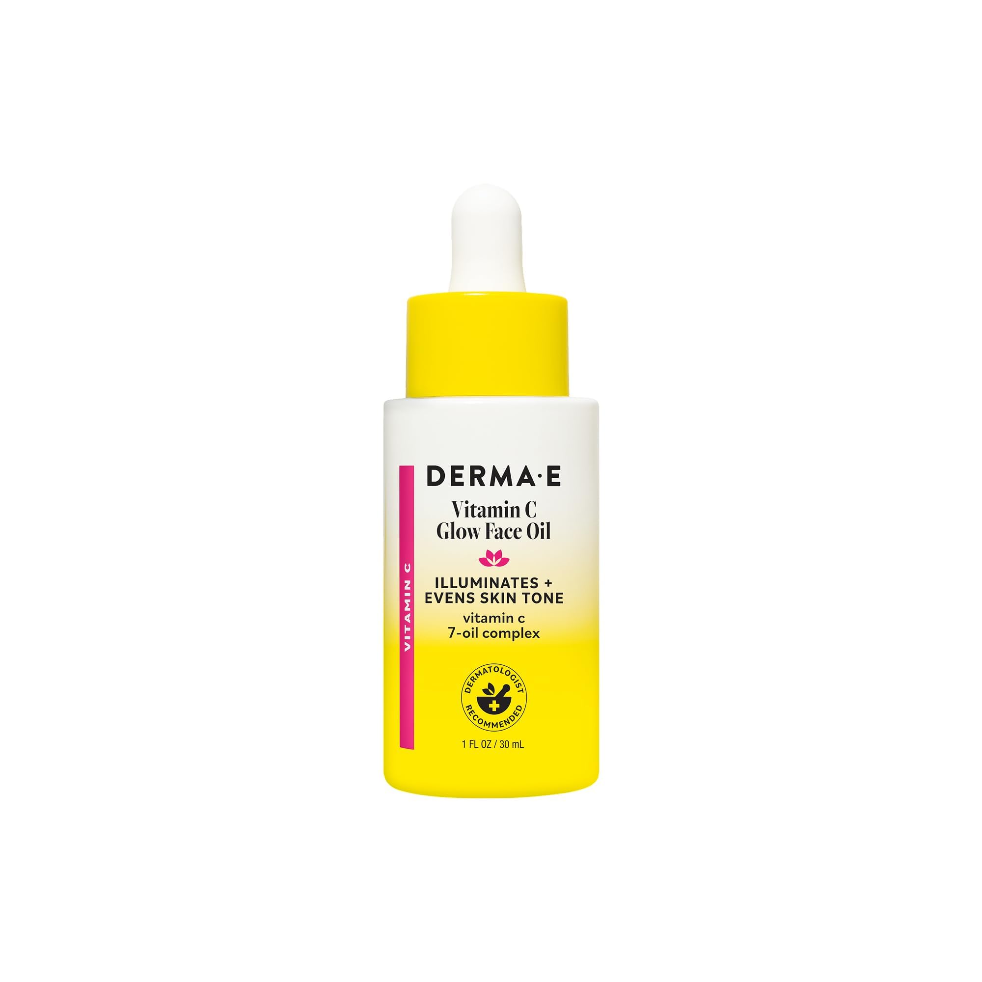 Derma E bottle front view showing Vitamin C glow oil and benefits