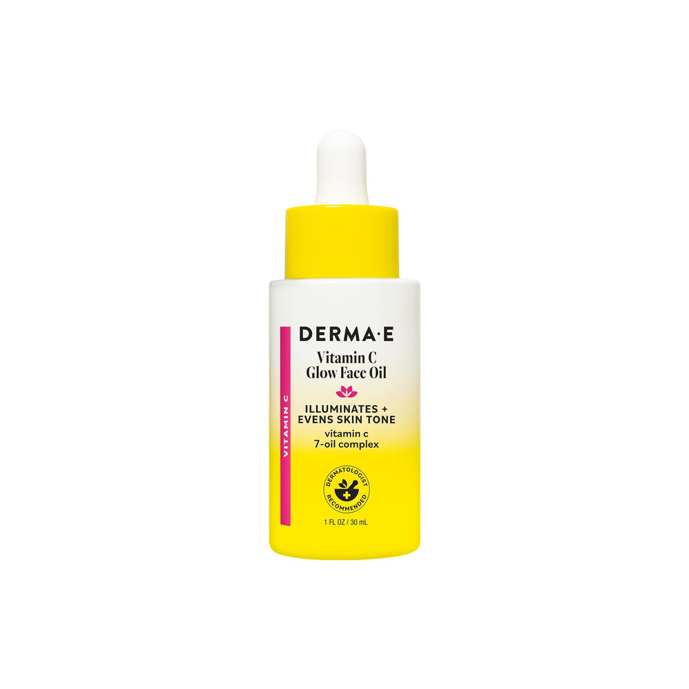 Derma E bottle front view showing Vitamin C glow oil and benefits