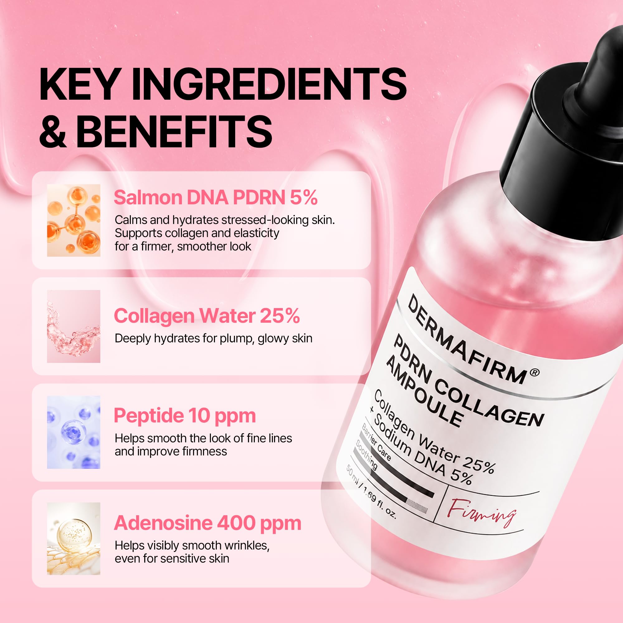 Dermafirm pink ampoule texture drop on fingertip showing lightweight glow