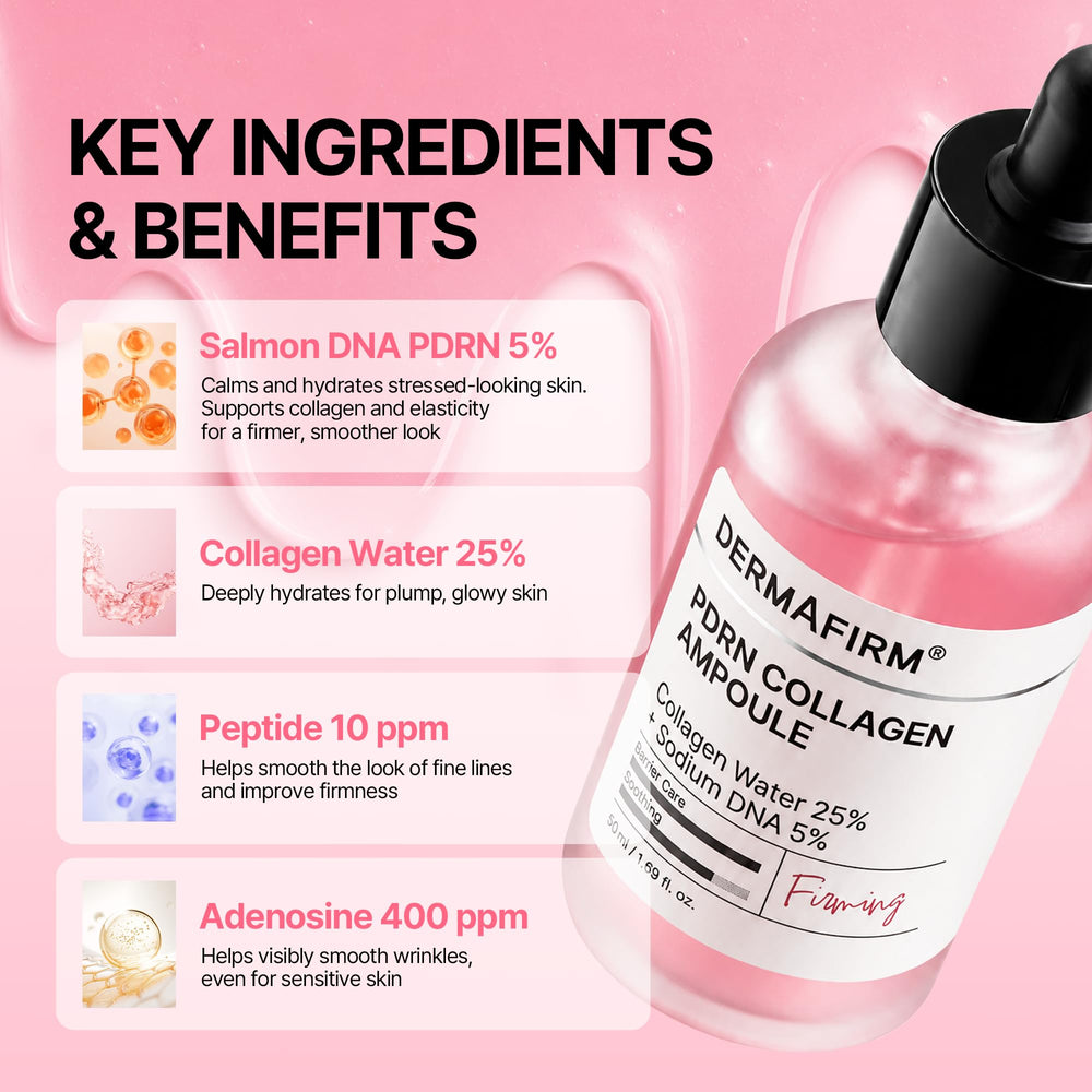 Dermafirm pink ampoule texture drop on fingertip showing lightweight glow