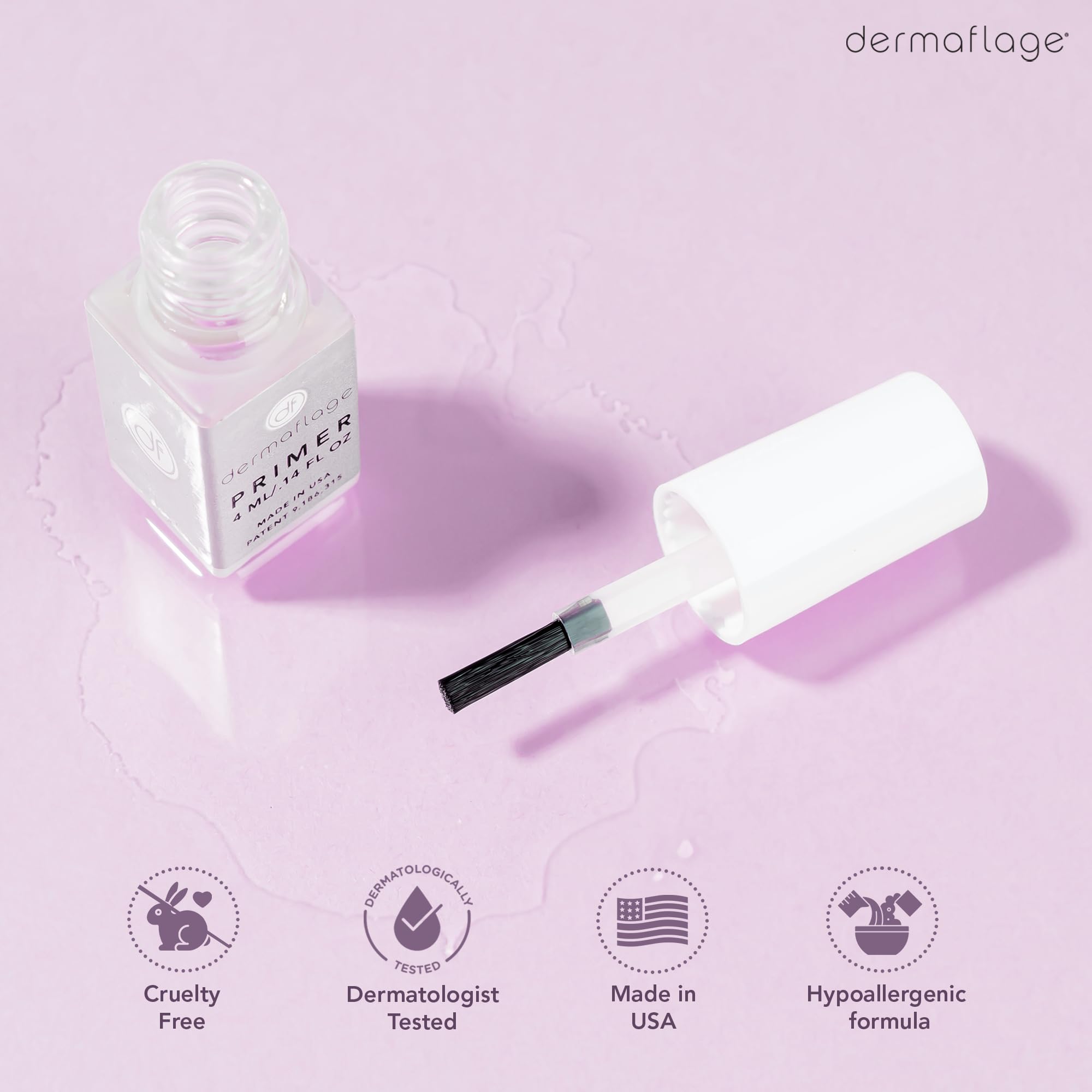 Dermaflage primer bottle scale comparison illustrating small travel-friendly size and portability