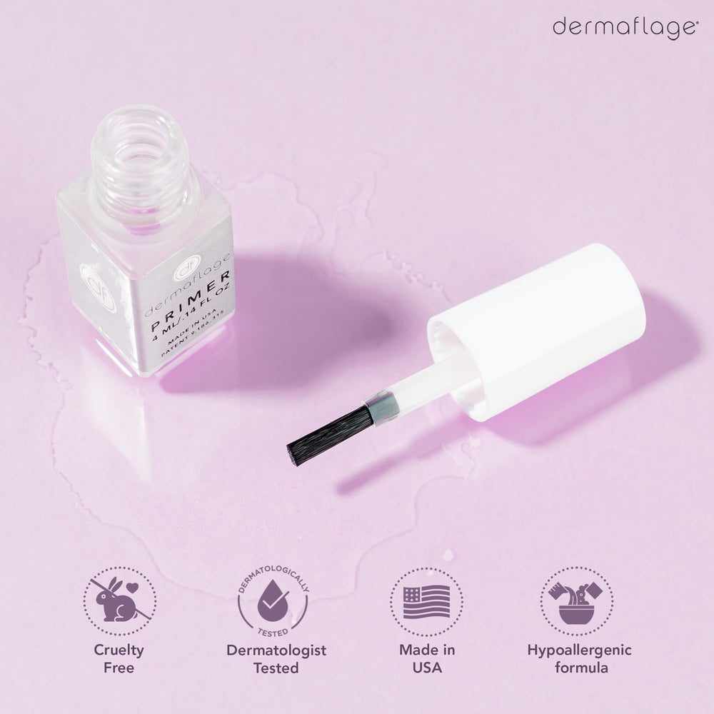 Dermaflage primer bottle scale comparison illustrating small travel-friendly size and portability