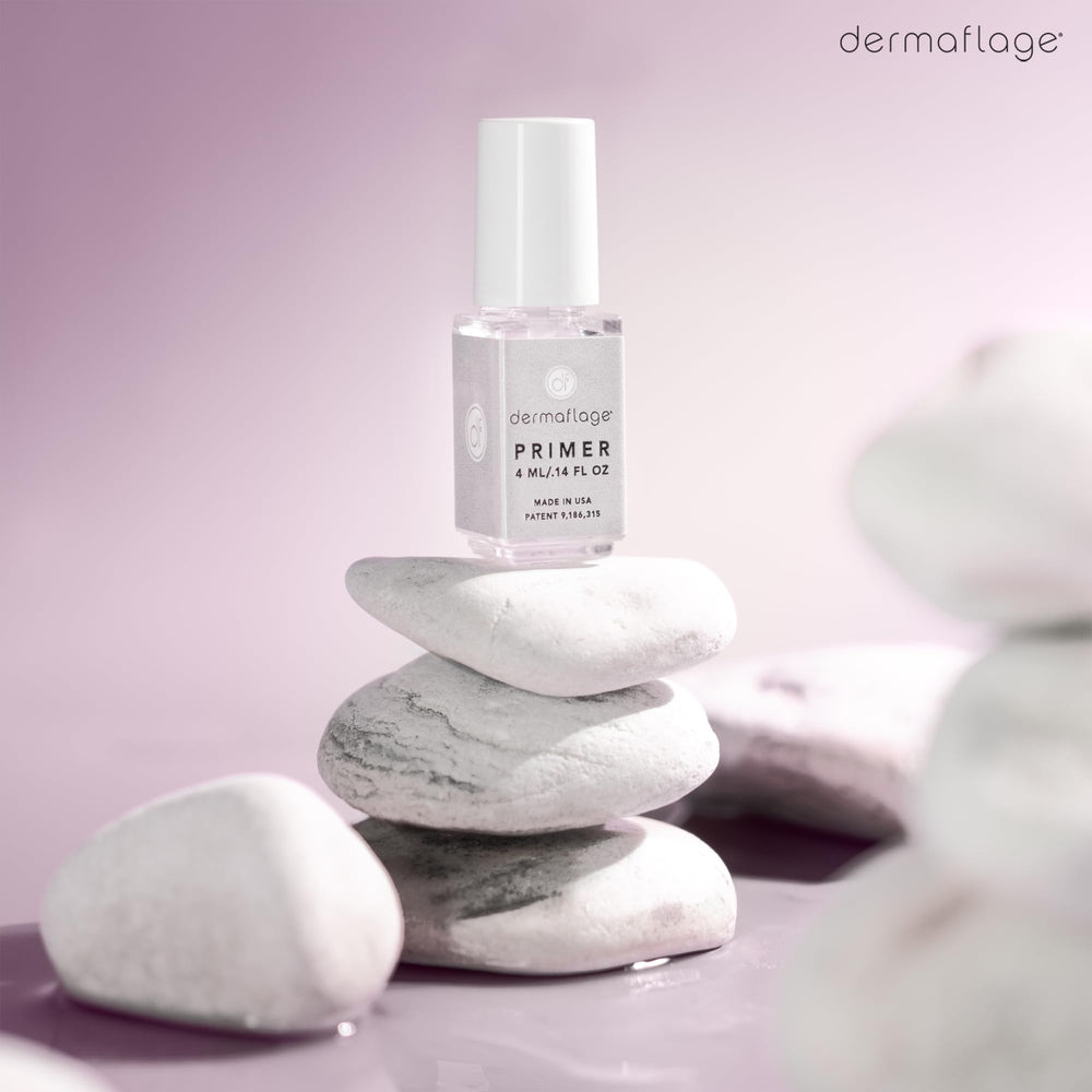 Dermaflage primer lifestyle bag shot displays product ready in a makeup kit for on-the-go wear