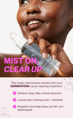 DERMAFLASH mist spray texture close-up on skin, hydrating and softening pores benefit