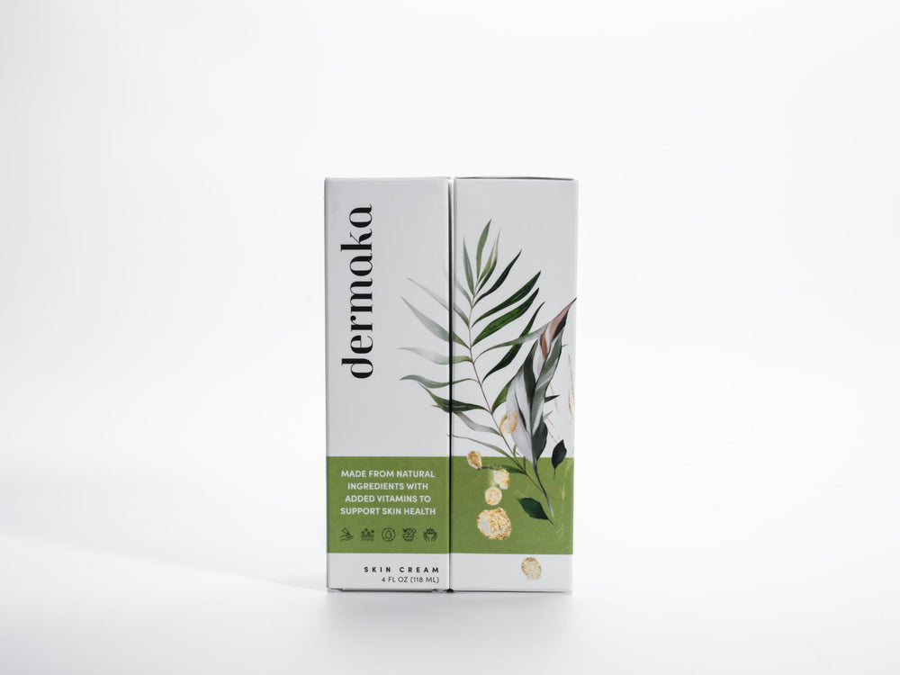Dermaka tube closeup label highlighting ingredients and easy-squeeze convenience