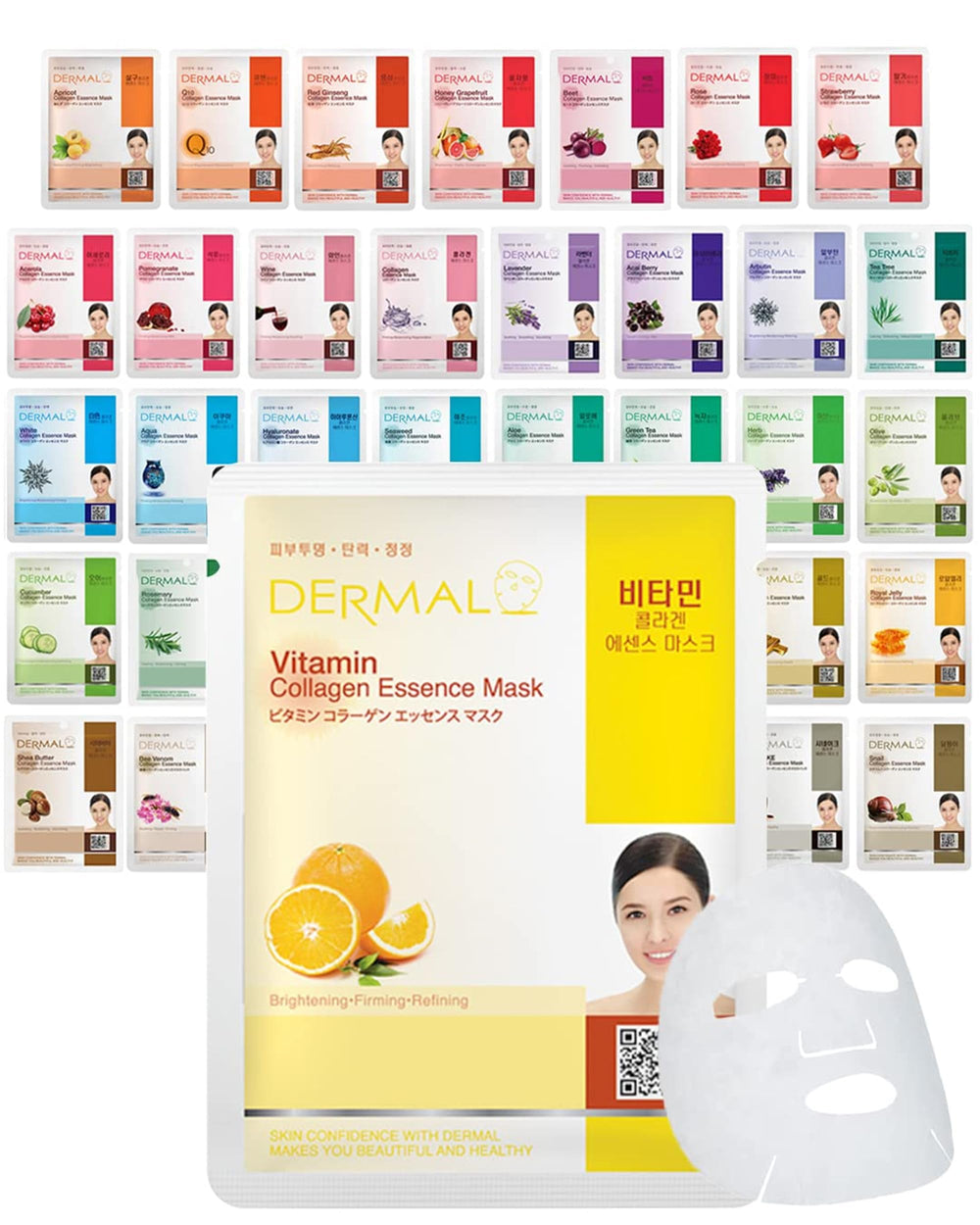 DERMAL front-box packaging showing 39 unique masks and variety benefits