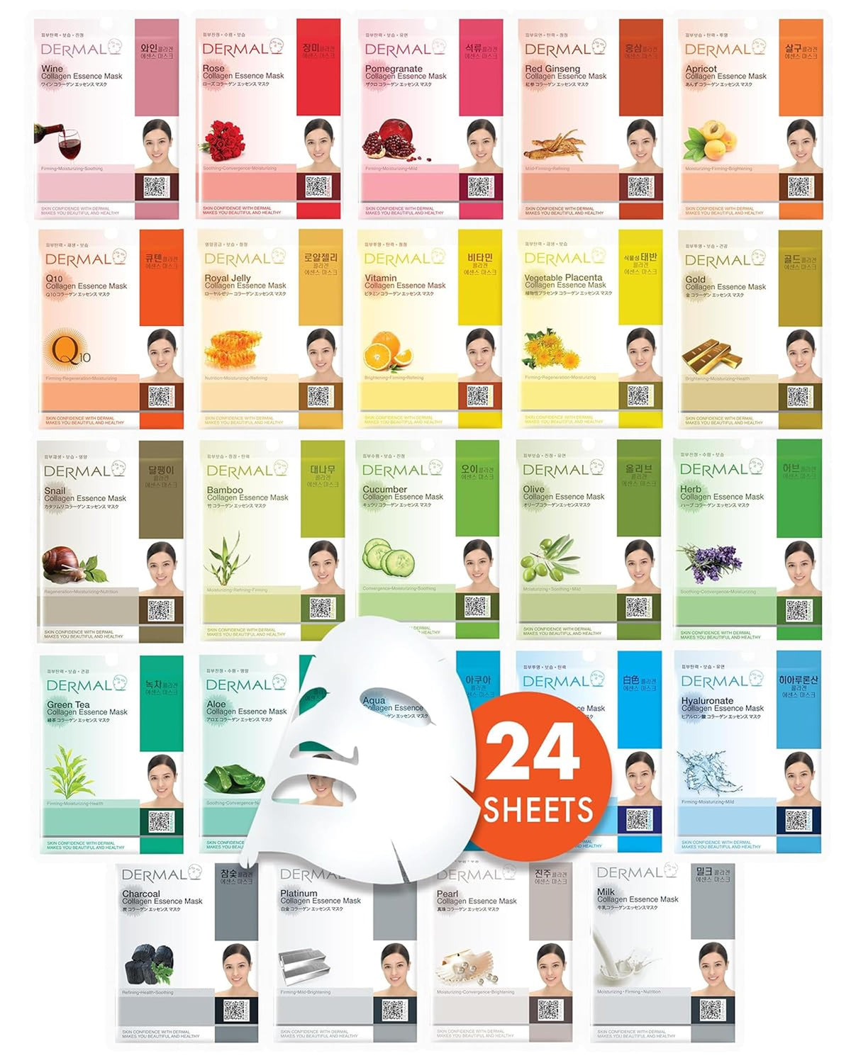 DERMAL box front view showing 24 unique mask names and benefits