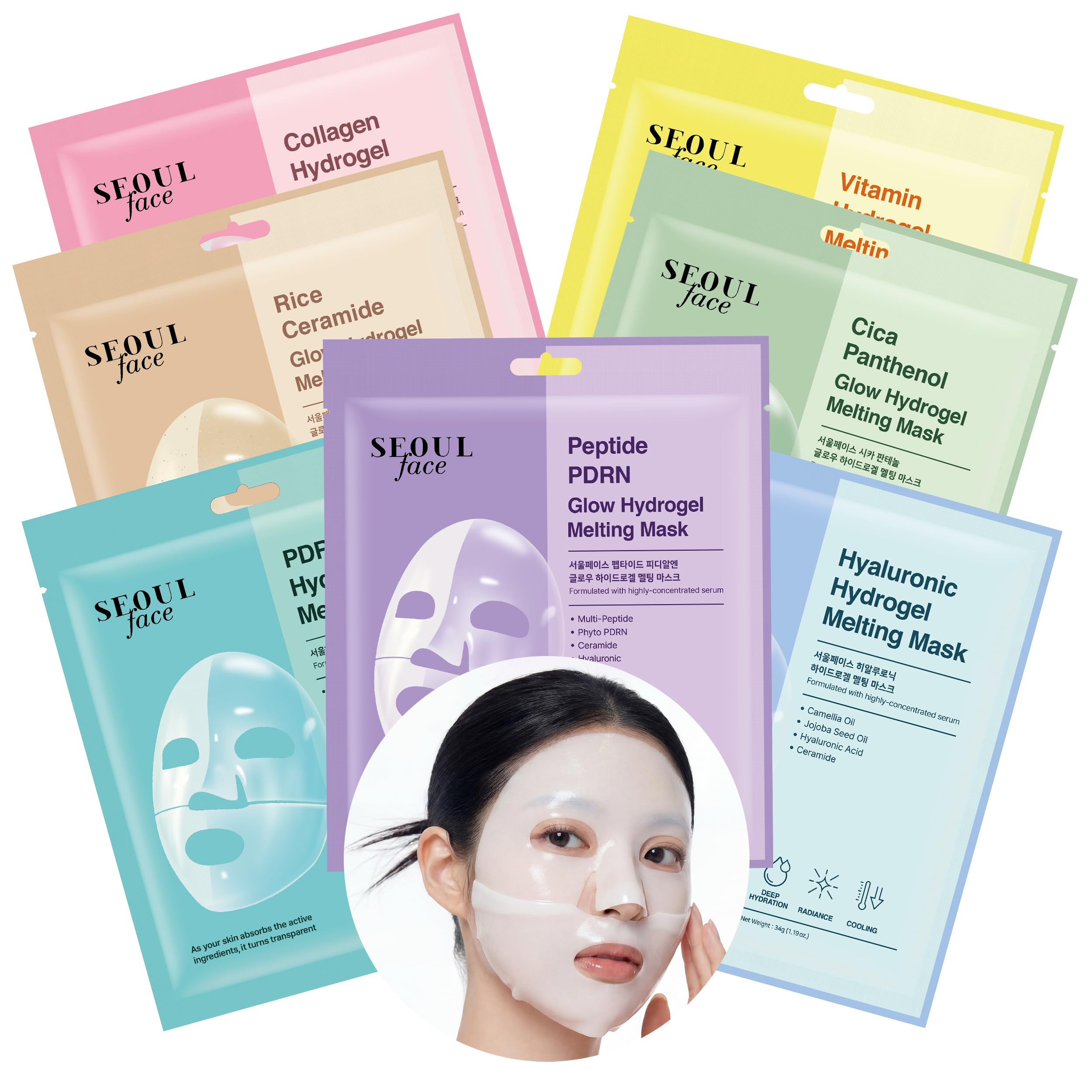 DERMAL front box showing seven hydrogel mask variety for convenience