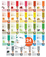 DERMAL box front view showing 24 unique mask names and benefits