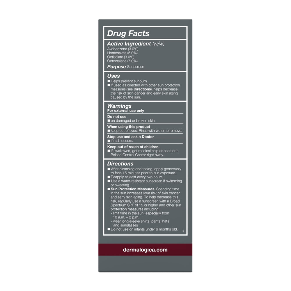Dermalogica ingredient label highlighting active sun protection and skin‑supporting actives