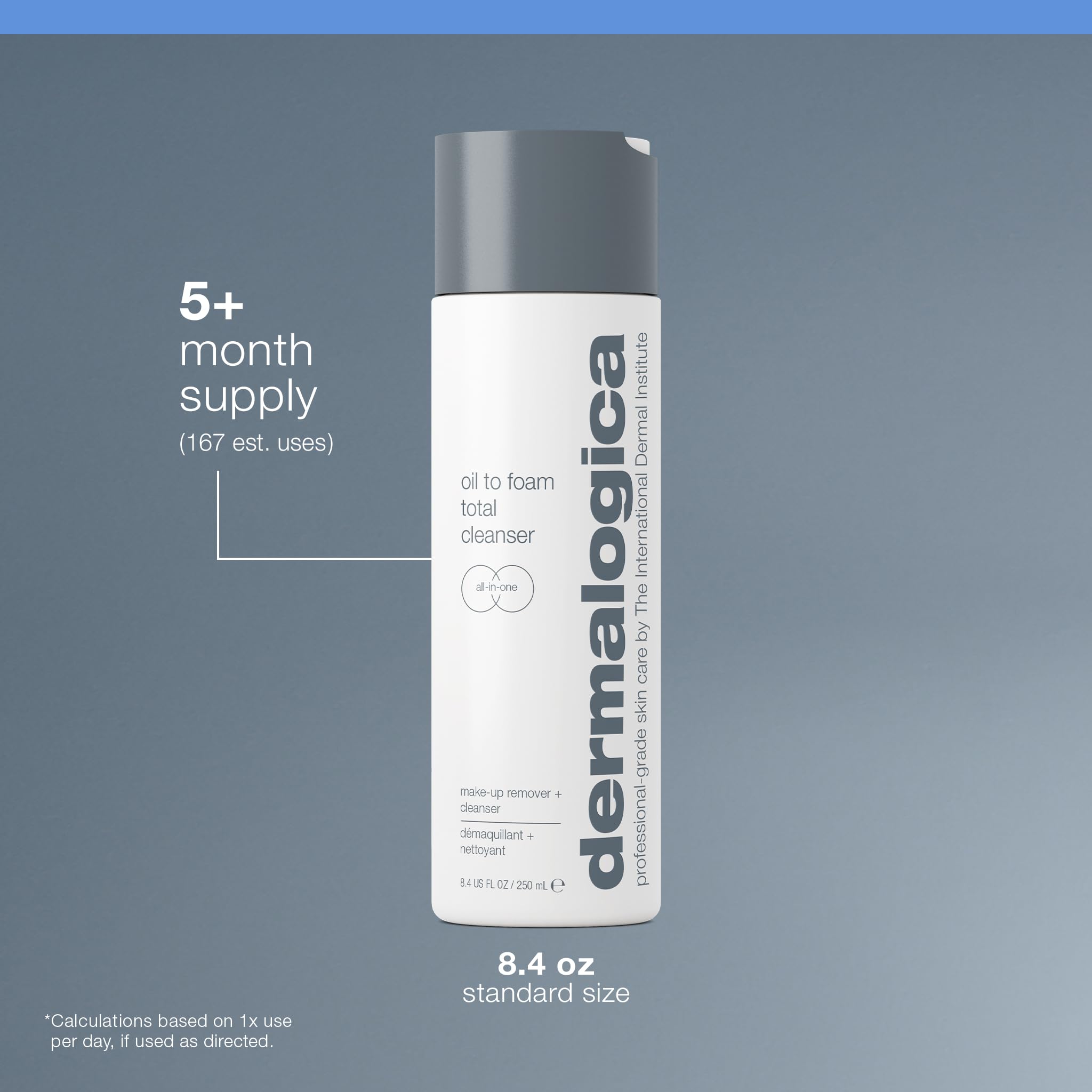 Dermalogica bottle beside hand illustrating actual 8.4 fl oz size