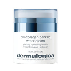 Dermalogica jar front packaging showing Pro Collagen Banking Water Cream benefits