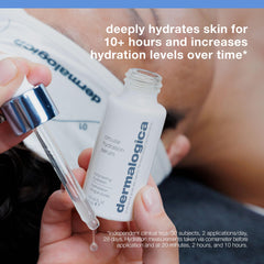 Dermalogica serum in hand scale shows small 0.34 fl oz size and travel-friendly benefit
