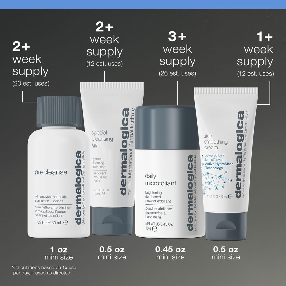 Dermalogica products held in hand to show travel size and portability