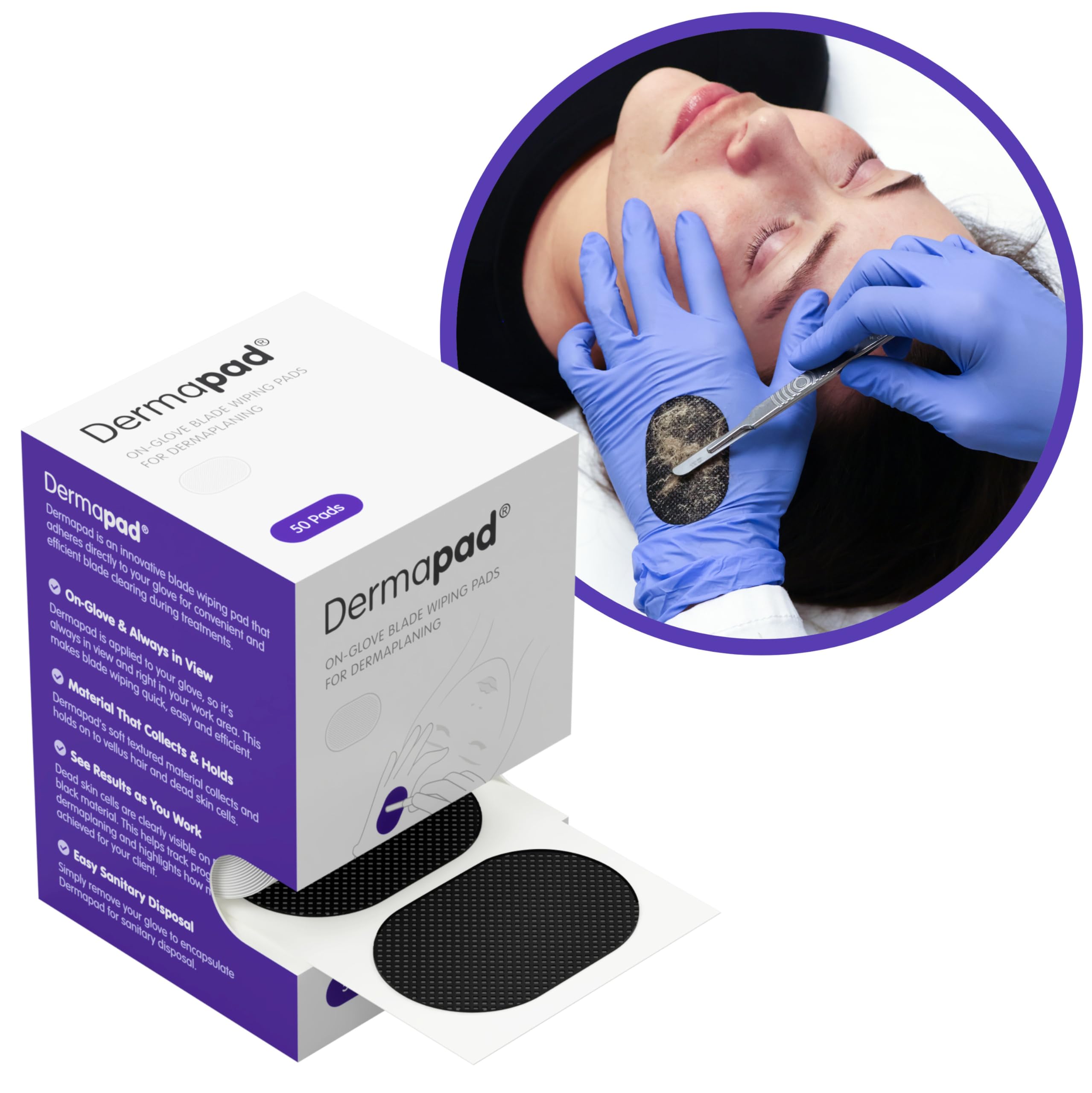 Dermapad on glove in use demonstrating Dermapad keeps blade wiping nearby
