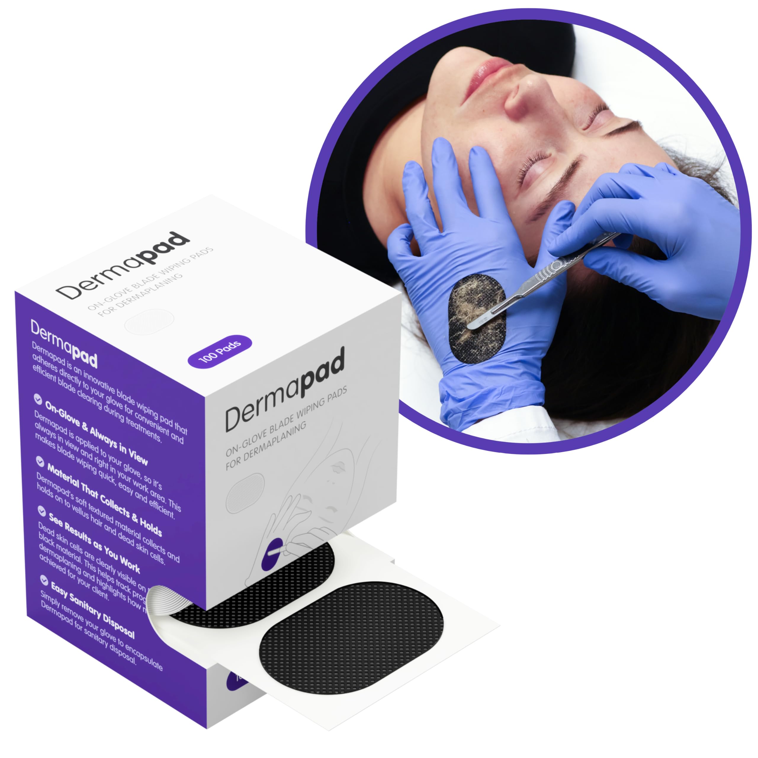 DermaPad in use during dermaplaning demonstrating continuous two-handed technique