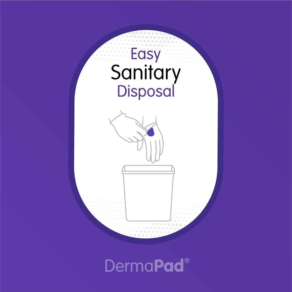 Dermapad size comparison next to hand showing Dermapad fits glove comfortably