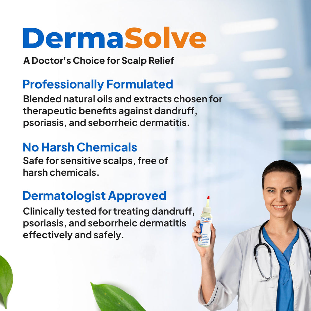 Dermasolve before and after scalp illustration demonstrating reduced visible flakes