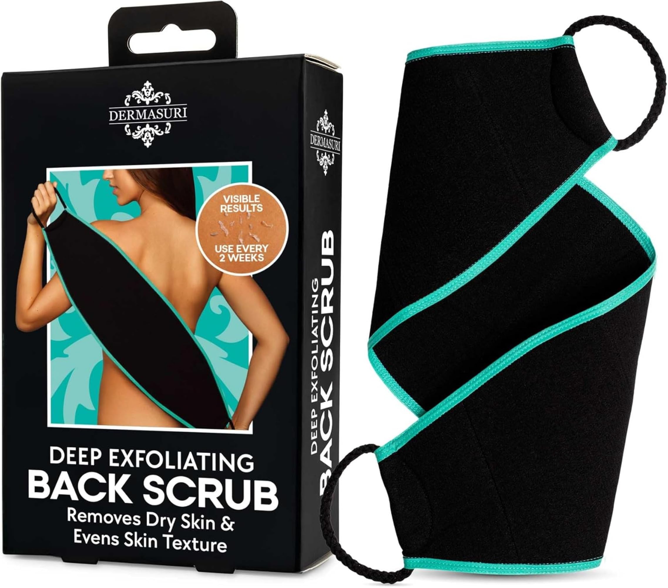 Dermasuri front view of back scrubber showing wide diamond shape and coverage benefit