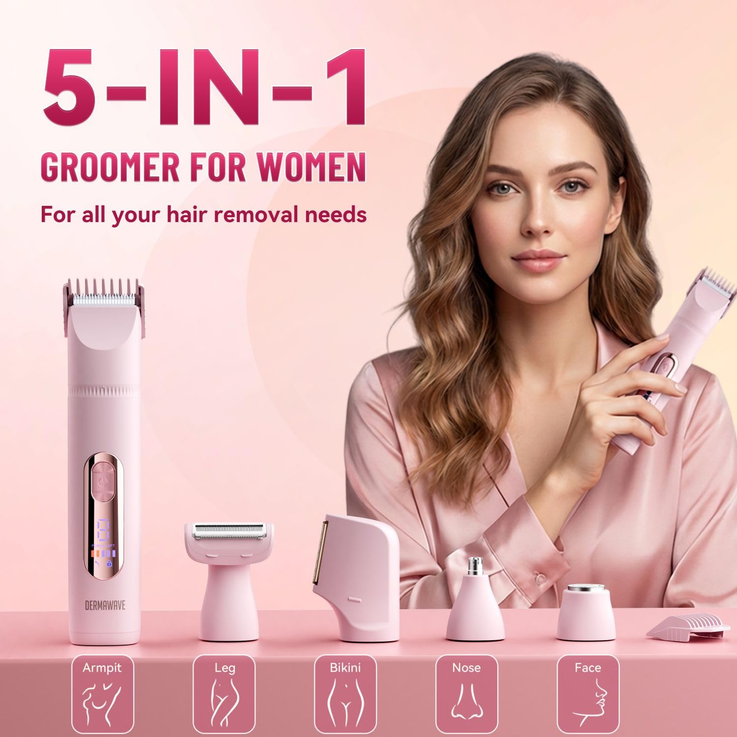 DERMAWAVE array of five detachable heads showing versatile grooming benefits