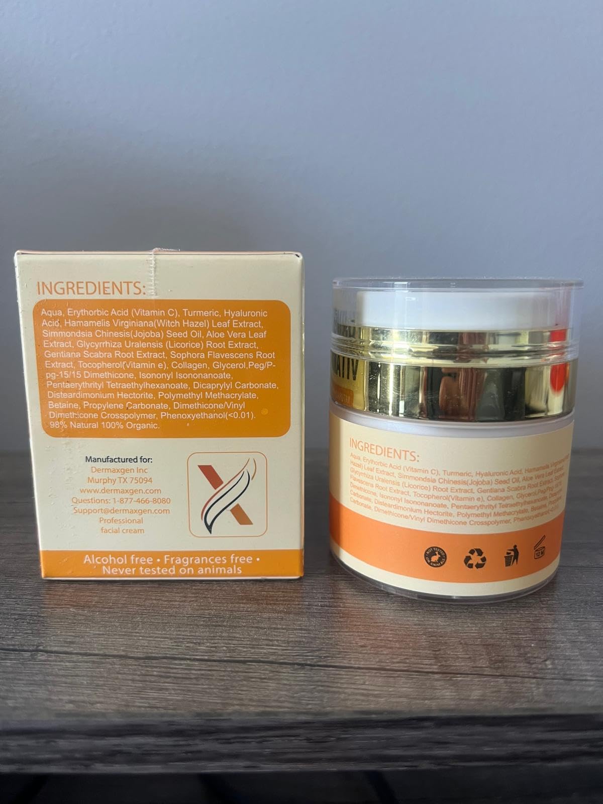 DERMAXGEN label and ingredients panel, communicates transparent botanical formulation