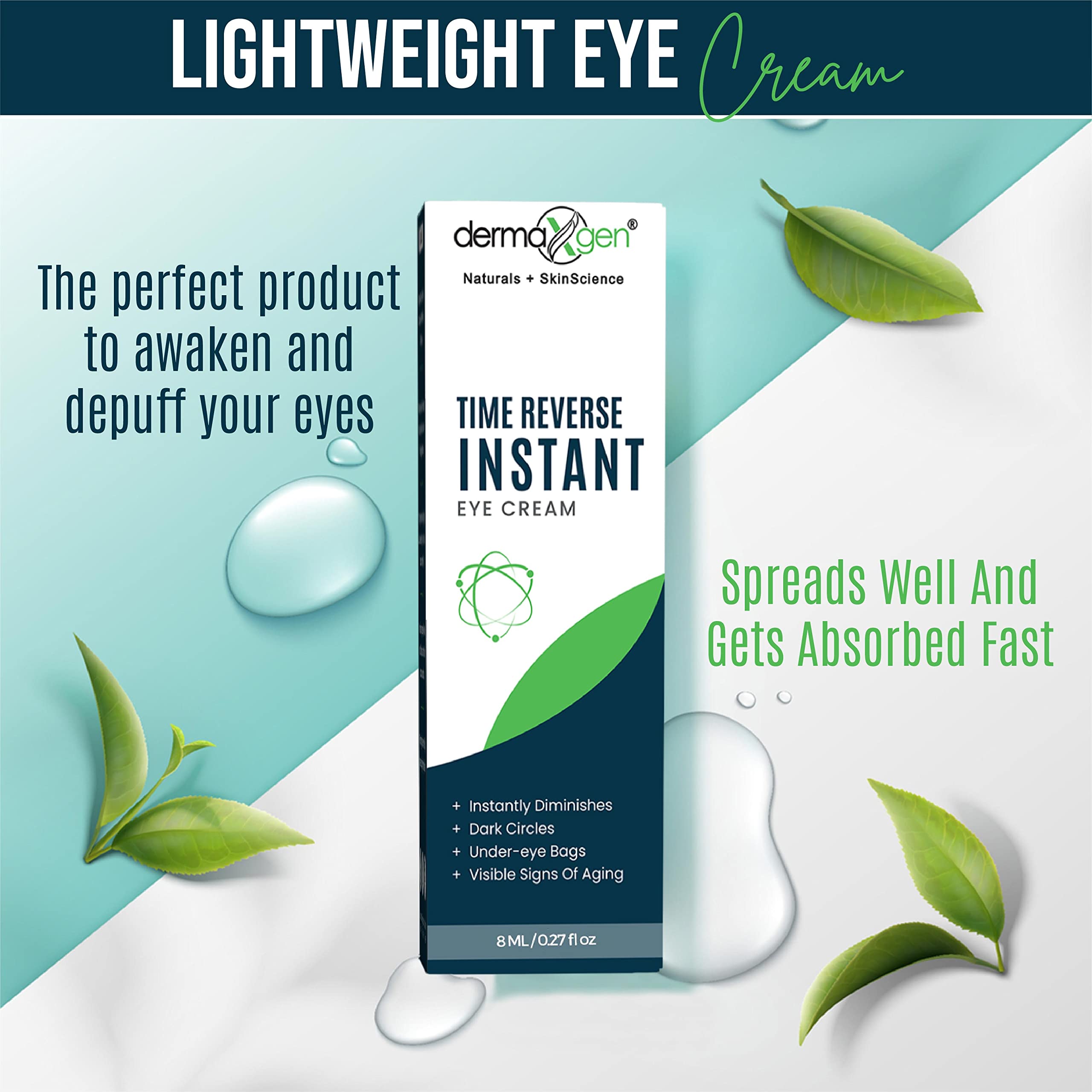 DERMAXGEN lifestyle woman at mirror applying cream for brighter refreshed look