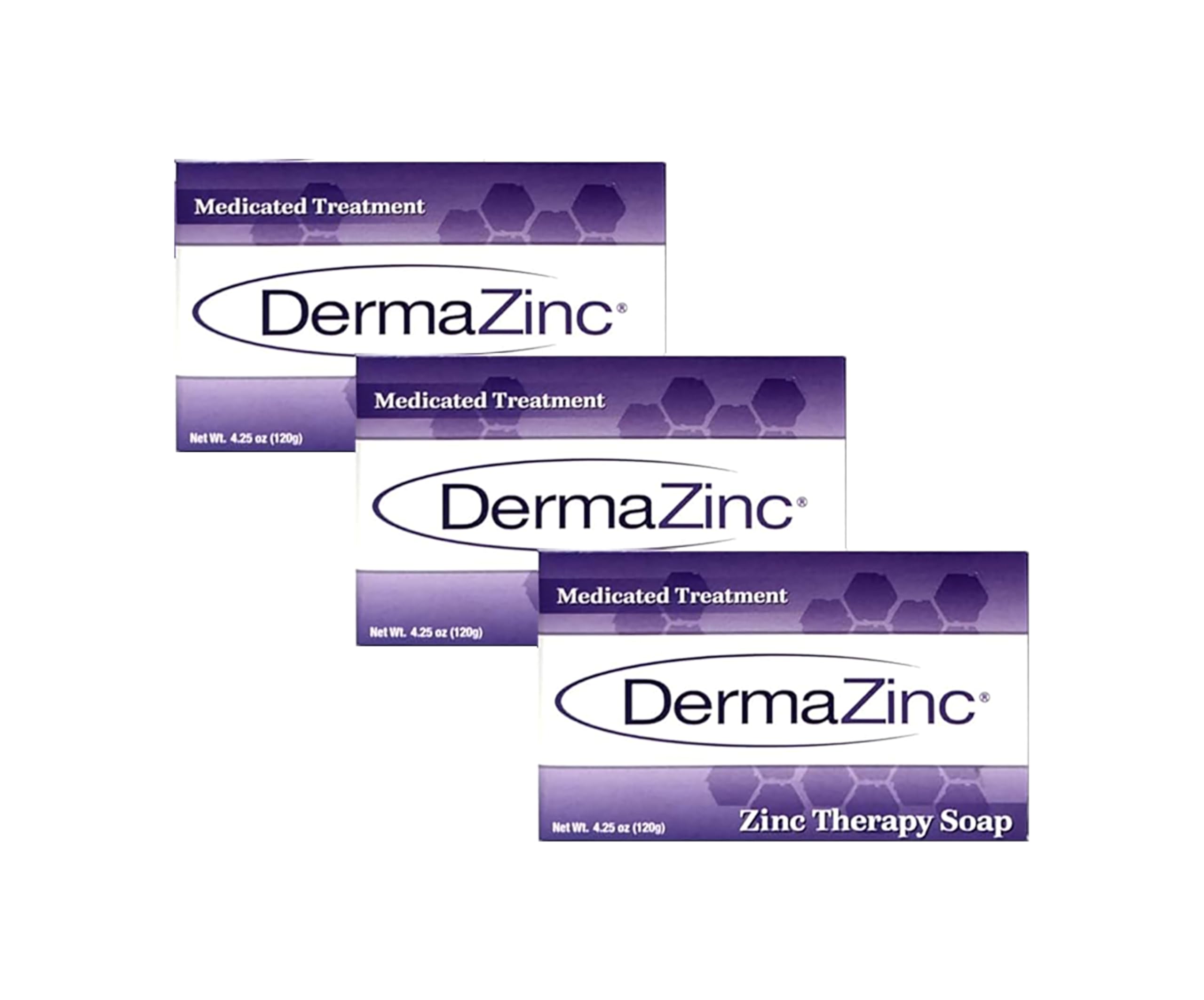 DermaZinc front packaging showing three therapeutic zinc soap bars and benefits