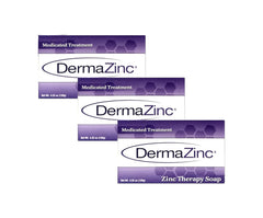 DermaZinc front packaging showing three therapeutic zinc soap bars and benefits