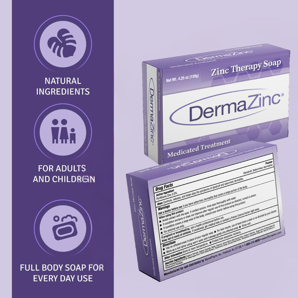 DermaZinc label detail showing 2% pyrithione zinc active for symptom support
