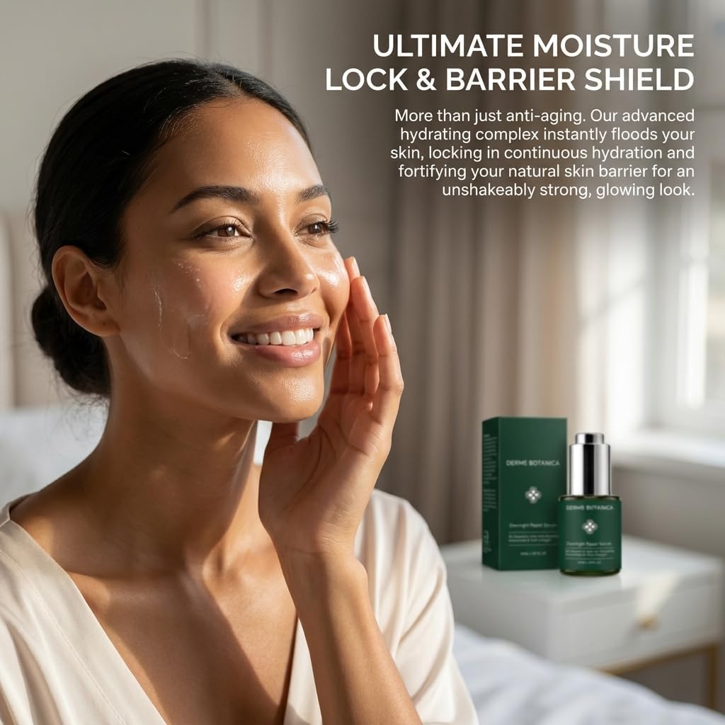 Derme Botanica bottle on bathroom counter as part of nighttime routine, suggests easy use