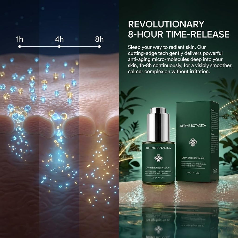 Derme Botanica serum dropper releasing silky texture, demonstrates quick absorption benefit
