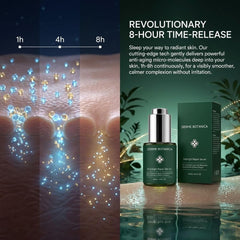 Derme Botanica serum dropper releasing silky texture, demonstrates quick absorption benefit