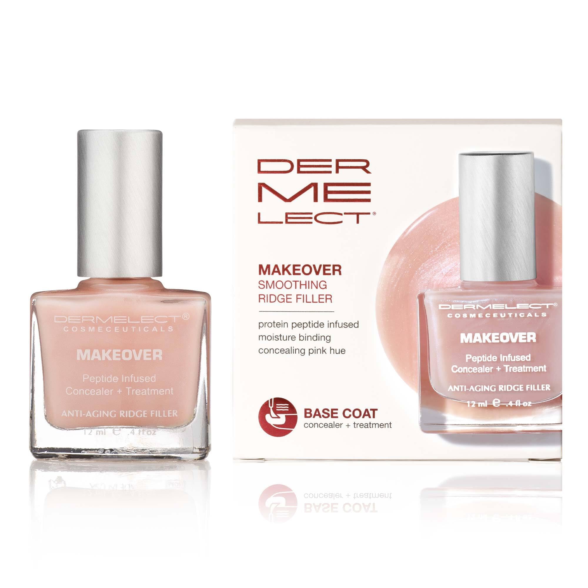 Dermelect front bottle showing pink smoothing base and instant coverage benefit