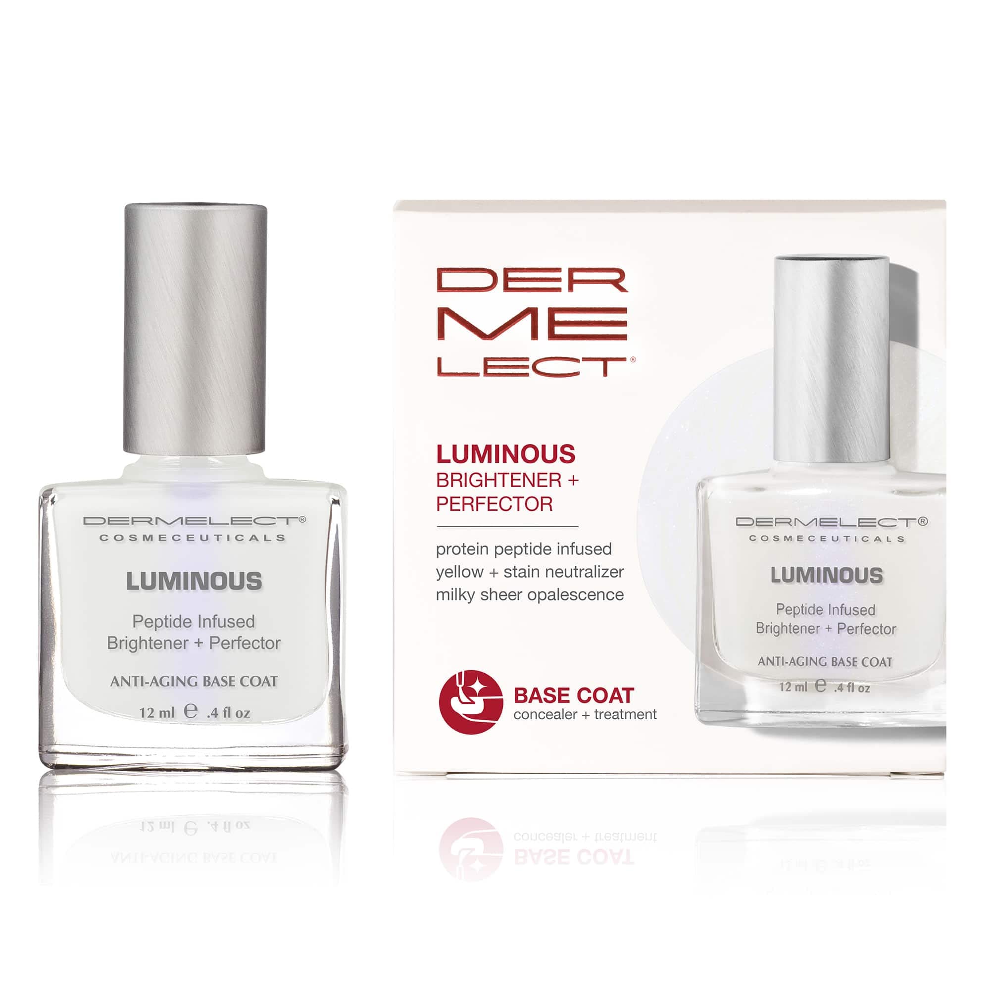 Dermelect front packaging shows brightener bottle and benefits