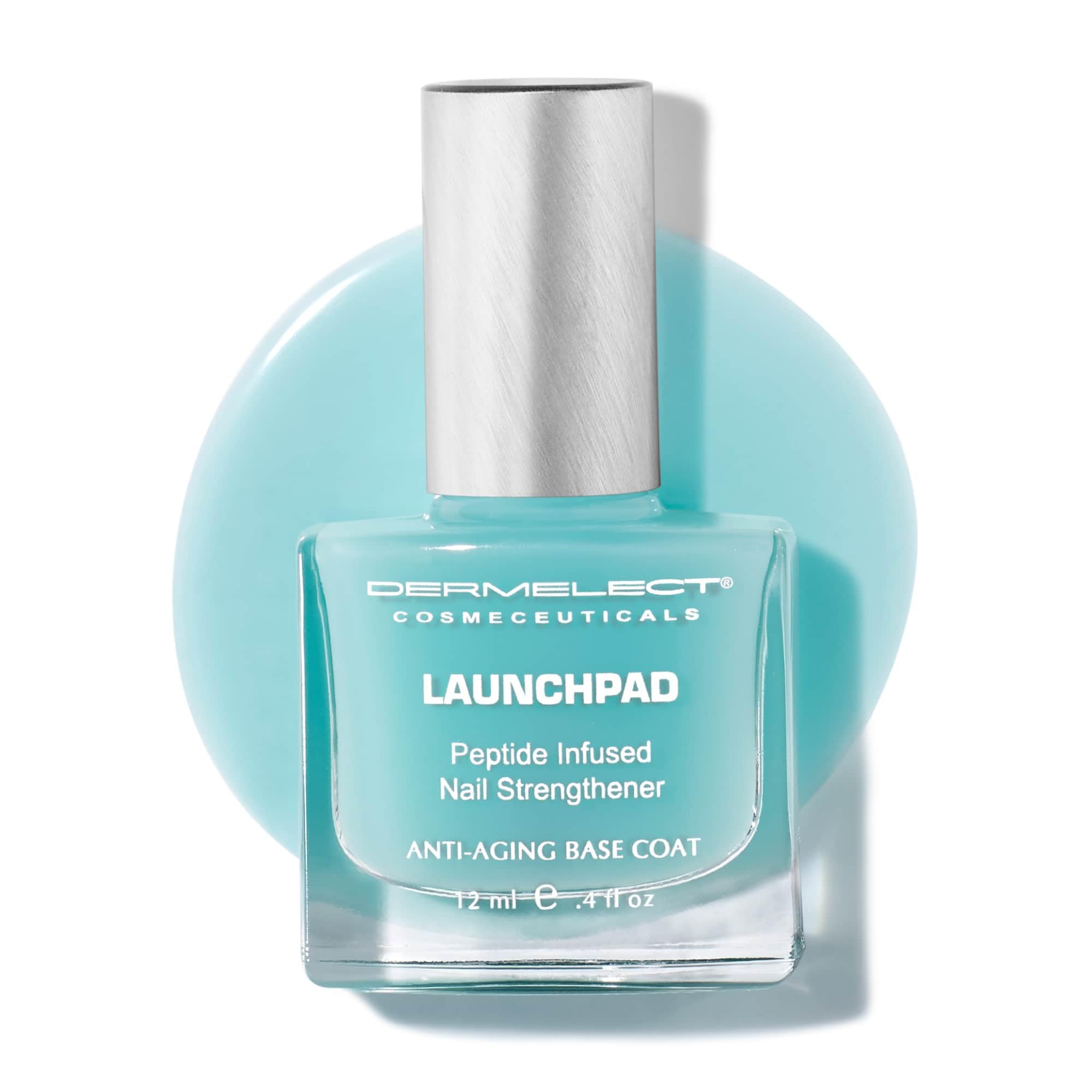 Dermelect Launchpad brush stroke on nail displaying quick‑dry finish