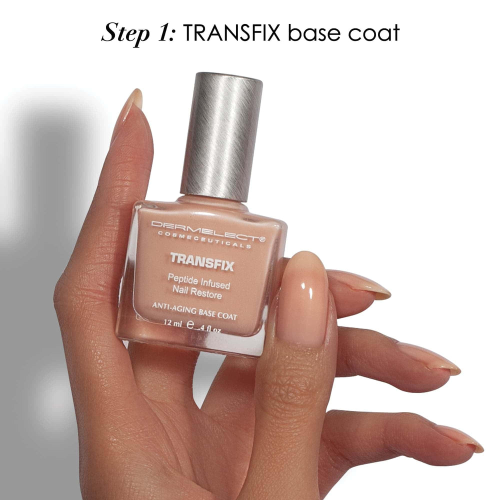Dermelect top coat bottle angled to show glossy protective finish